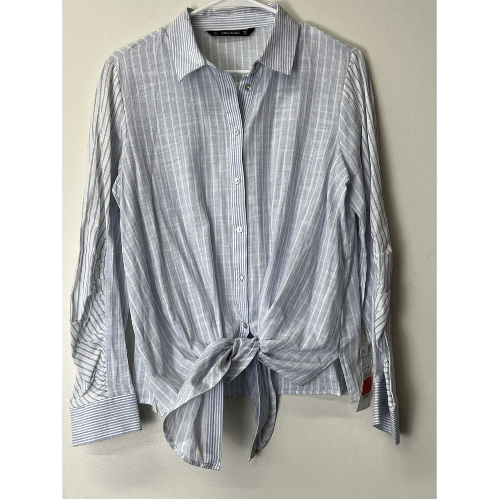 Zara Basics Mixed Print Blue white Button Down Shirt 100% Cotton Large